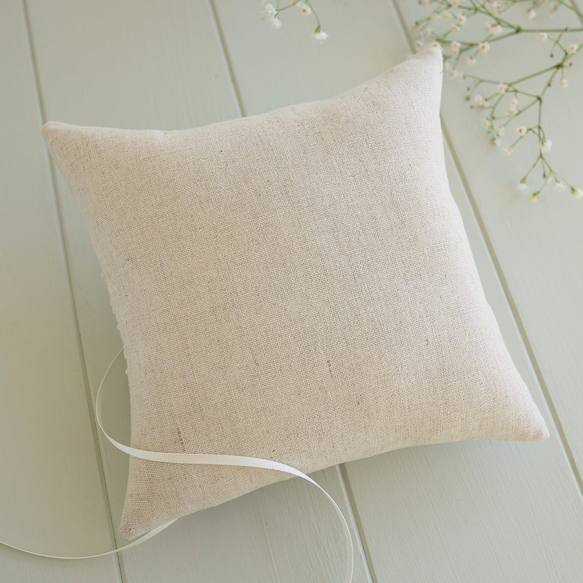 Personalised Wedding Ring Pillow in Beige with Cream Lace and Embroidered Text