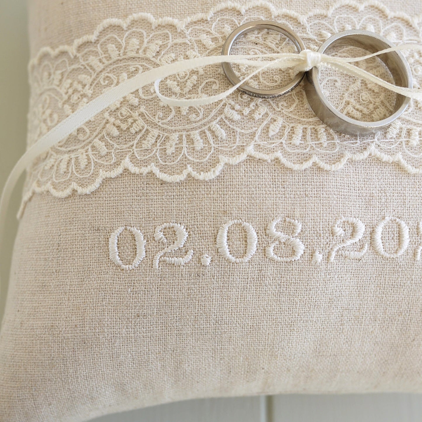 Personalised Wedding Ring Pillow in Beige with Cream Lace and Embroidered Text