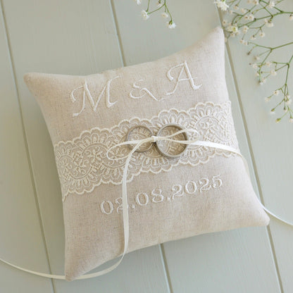 Personalised Wedding Ring Pillow in Beige with Cream Lace and Embroidered Text