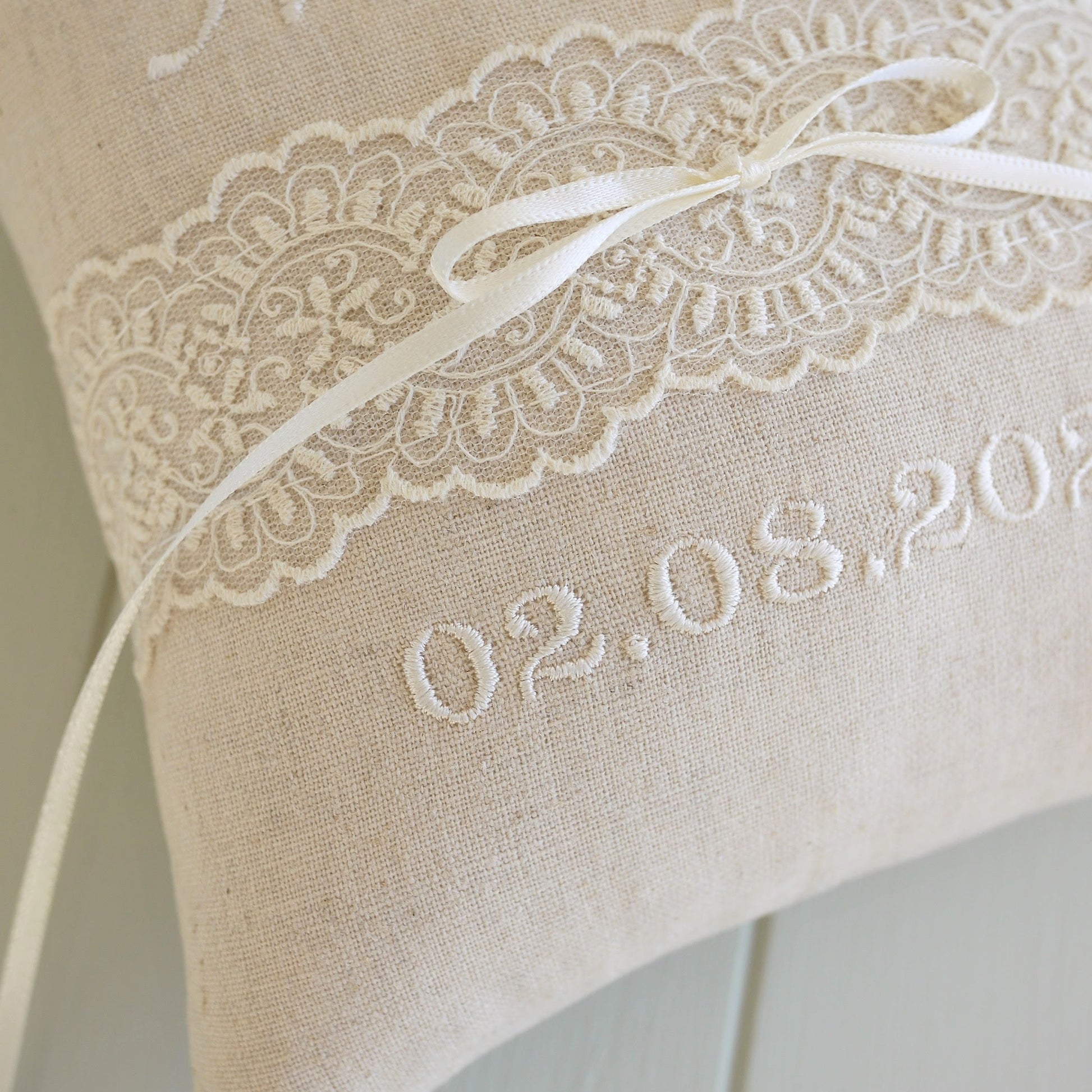 Personalised Wedding Ring Pillow in Beige with Cream Lace and Embroidered Text