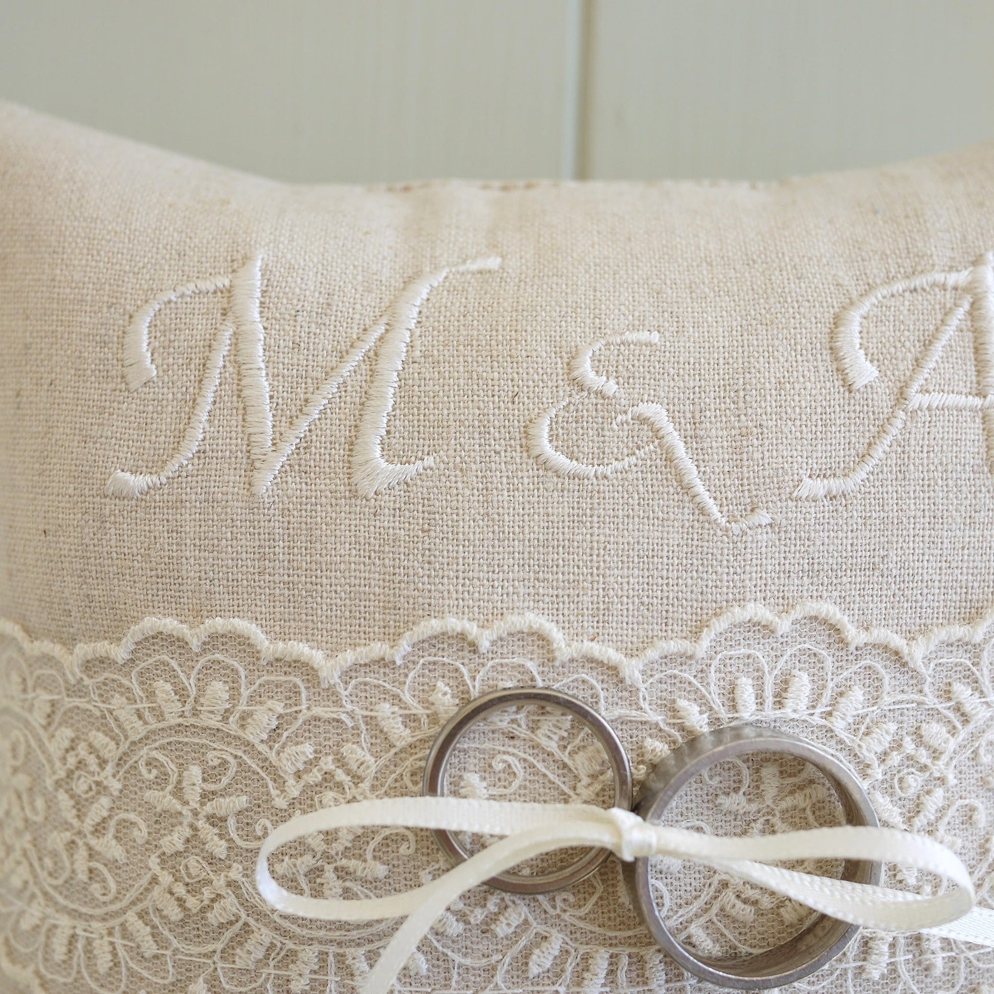 Personalised Wedding Ring Pillow in Beige with Cream Lace and Embroidered Text