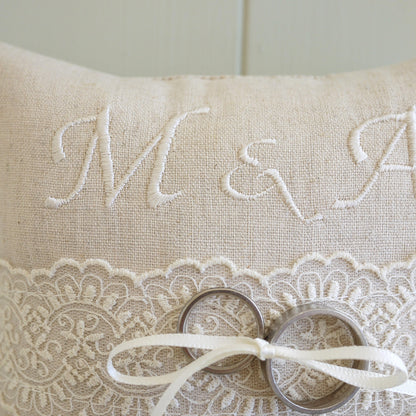 Personalised Wedding Ring Pillow in Beige with Cream Lace and Embroidered Text