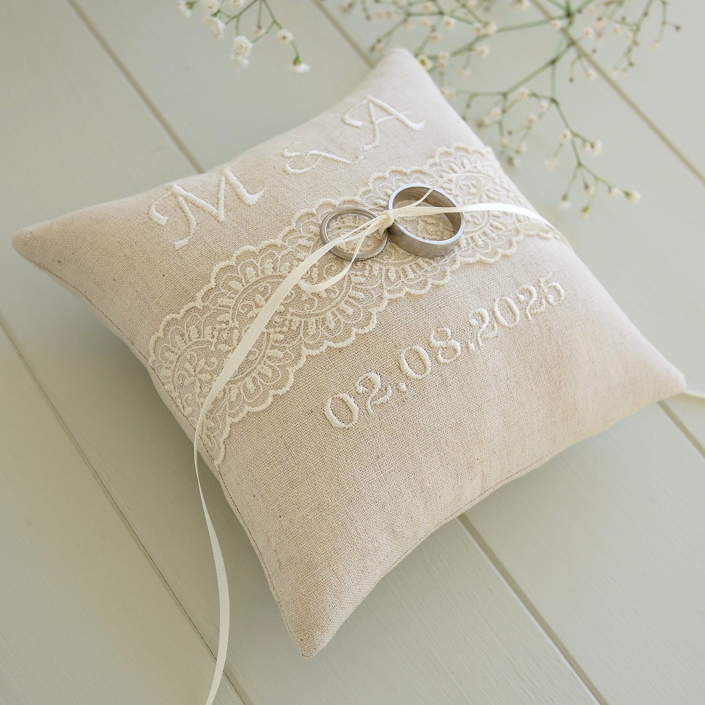 Personalised Wedding Ring Pillow in Beige with Cream Lace and Embroidered Text