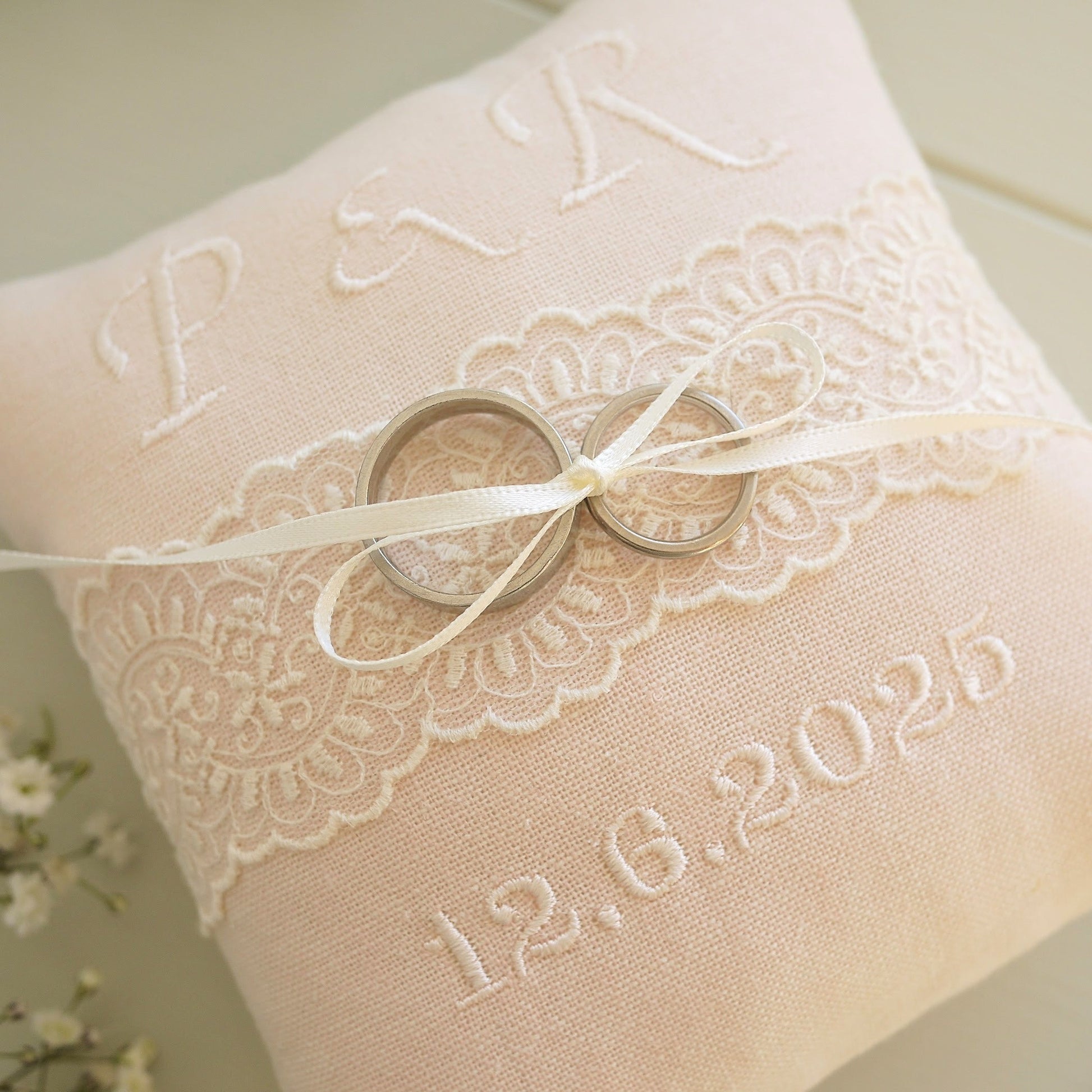 Personalised Wedding Ring Pillow in Pale Pink with Cream Lace and Embroidered Text