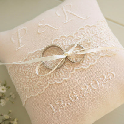 Personalised Wedding Ring Pillow in Pale Pink with Cream Lace and Embroidered Text