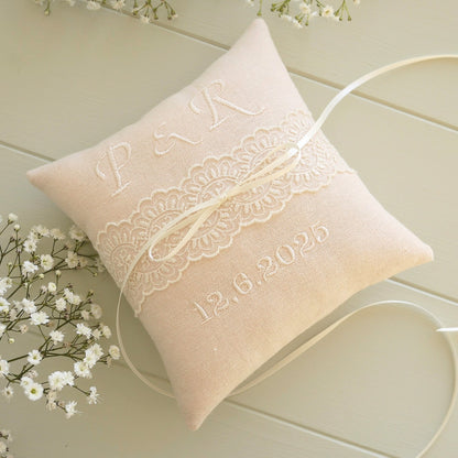 Personalised Wedding Ring Pillow in Pale Pink with Cream Lace and Embroidered Text