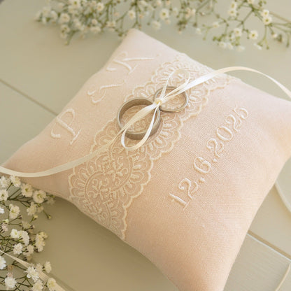 Personalised Wedding Ring Pillow in Pale Pink with Cream Lace and Embroidered Text