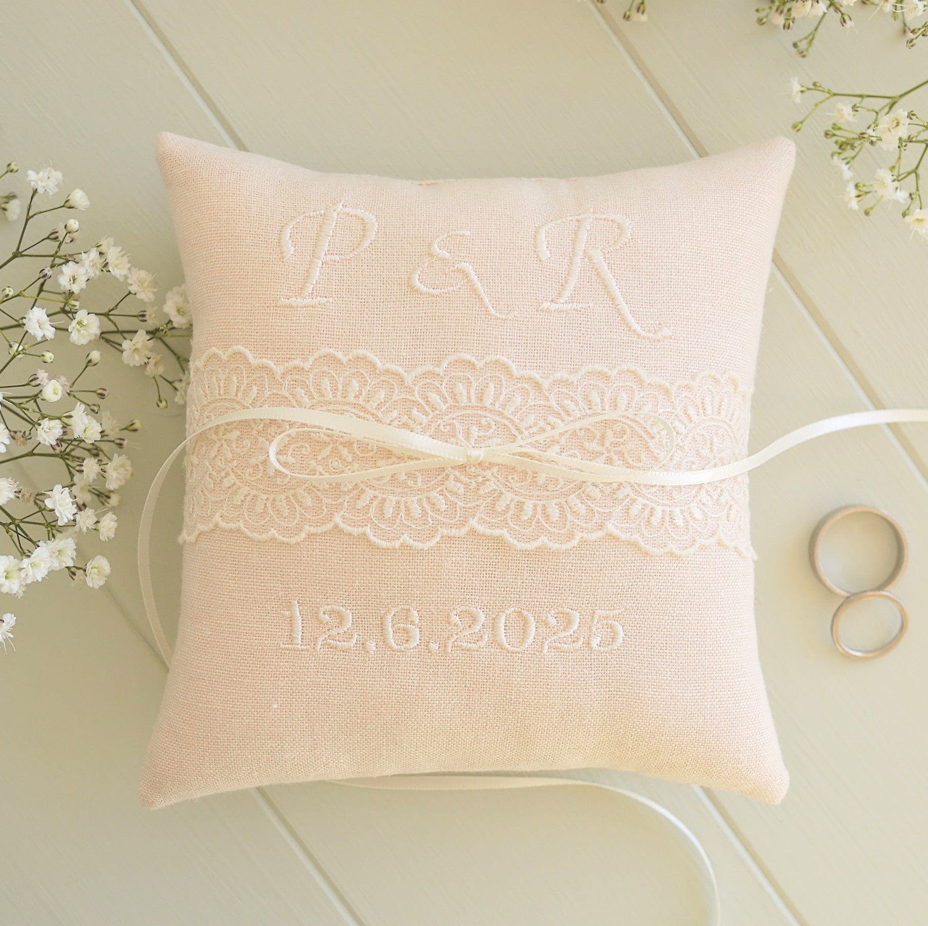 Personalised Wedding Ring Pillow in Pale Pink with Cream Lace and Embroidered Text