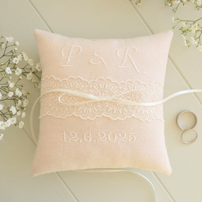 Personalised Wedding Ring Pillow in Pale Pink with Cream Lace and Embroidered Text