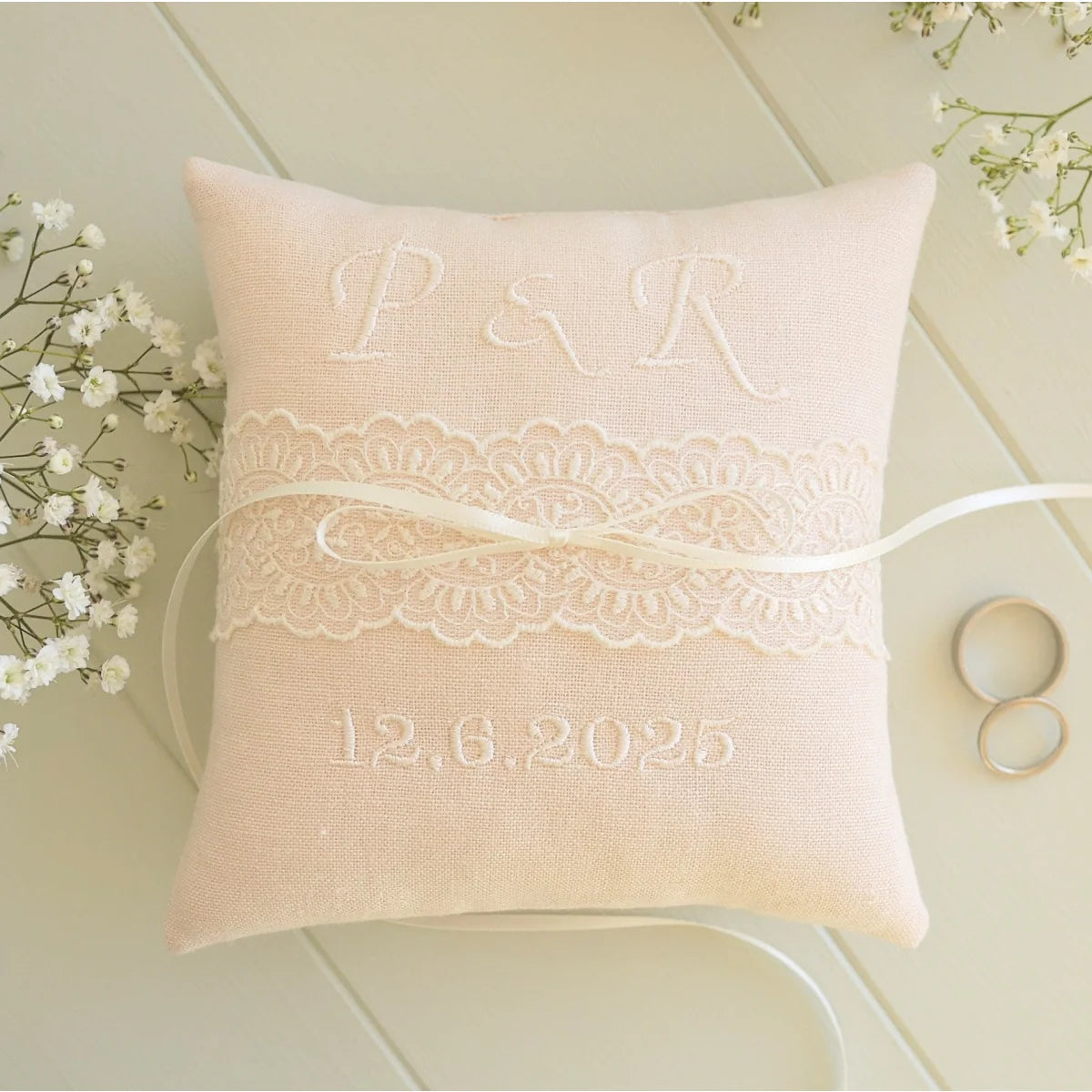 Personalised Wedding Ring Pillow in Pale Pink with Cream Lace and Embroidered Text