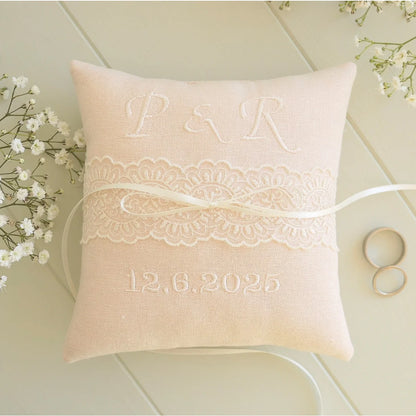 Personalised Wedding Ring Pillow in Pale Pink with Cream Lace and Embroidered Text
