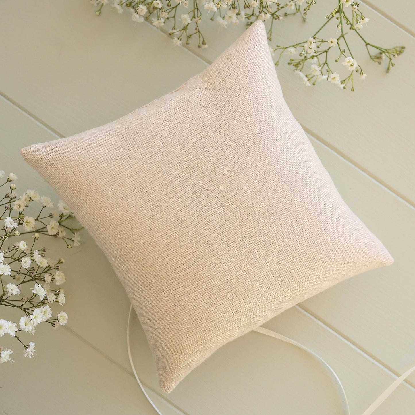 Personalised Wedding Ring Pillow in Pale Pink with Cream Lace and Embroidered Text