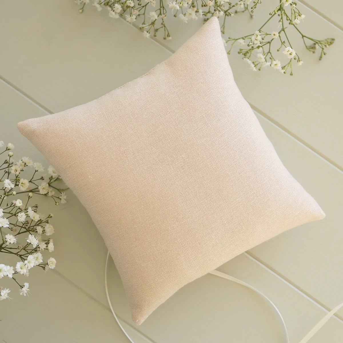 Personalised Wedding Ring Pillow in Pale Pink with Cream Lace and Embroidered Text