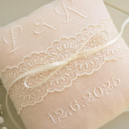 Personalised Wedding Ring Pillow in Pale Pink with Cream Lace and Embroidered Text