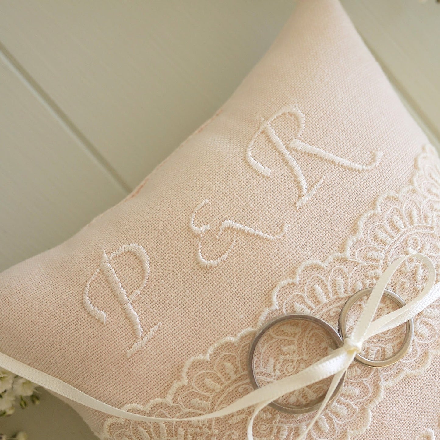 Personalised Wedding Ring Pillow in Pale Pink with Cream Lace and Embroidered Text