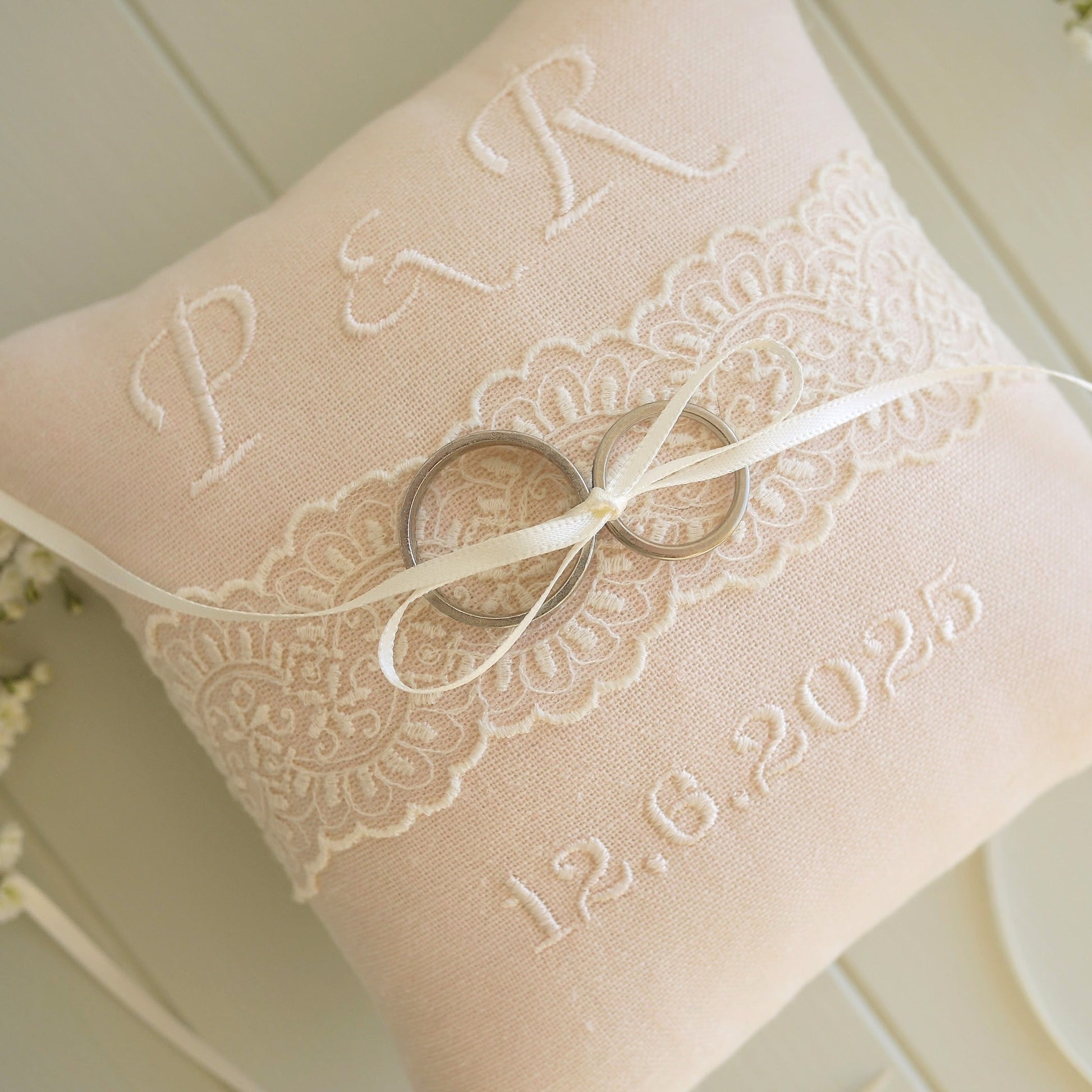 Personalised Wedding Ring Pillow in Pale Pink with Cream Lace and Embroidered Text