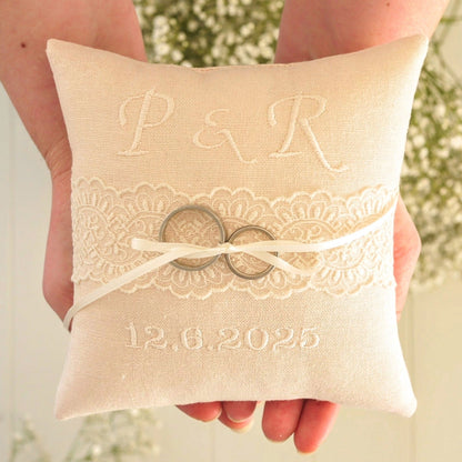 Personalised Wedding Ring Pillow in Pale Pink with Cream Lace and Embroidered Text