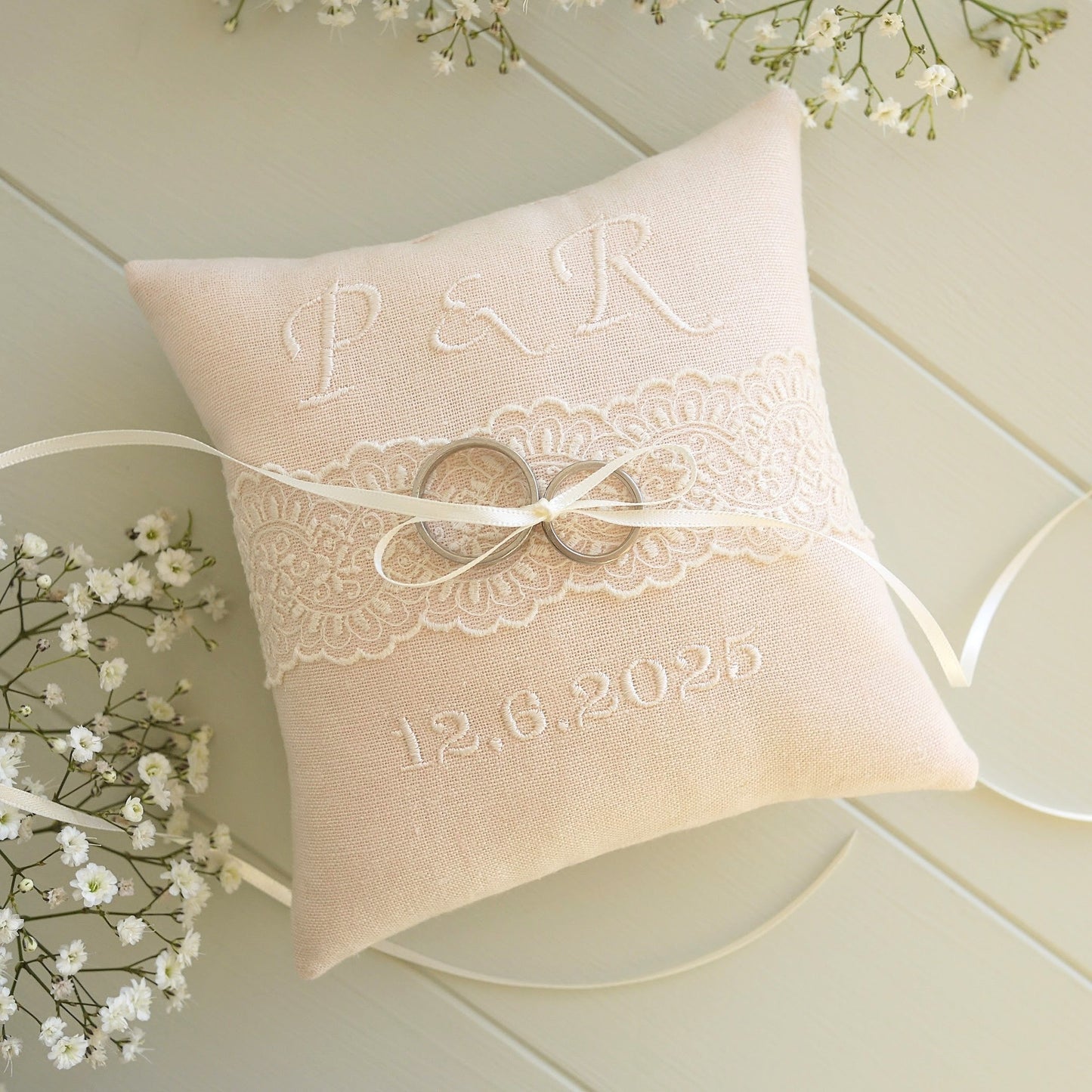 Personalised Wedding Ring Pillow in Pale Pink with Cream Lace and Embroidered Text