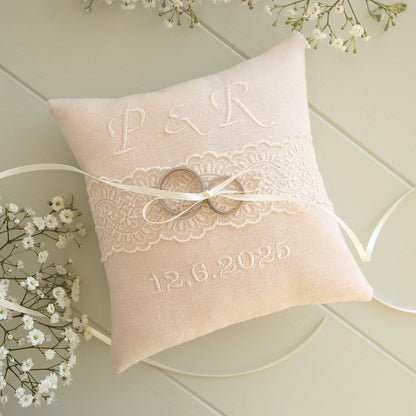 Personalised Wedding Ring Pillow in Pale Pink with Cream Lace and Embroidered Text