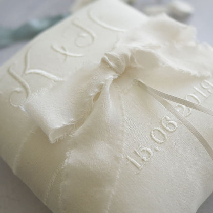 Personalised wedding ring pillow with silk ribbon and bow Personalised Wedding Ring Pillows and Holders