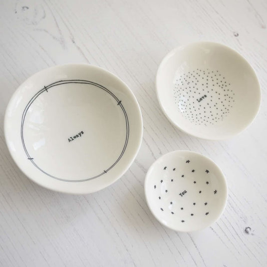 Porcelain Trio of ’always Love You’ Trinket Bowls