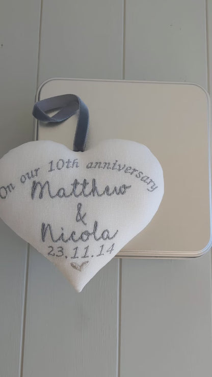 10th Wedding Anniversary Personalised Embroidered Gift Heart