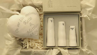 12th Silk Wedding Anniversary Gift Heart with Trio of Bud Vases