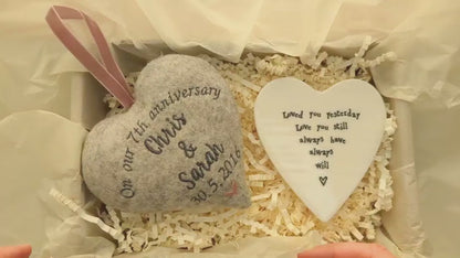 7th Wool Wedding Anniversary Personalised Gift - Embroidered Hoop with Porcelain Keepsake