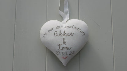 2nd Cotton Wedding Anniversary Gift -  Personalised embroidered Heart