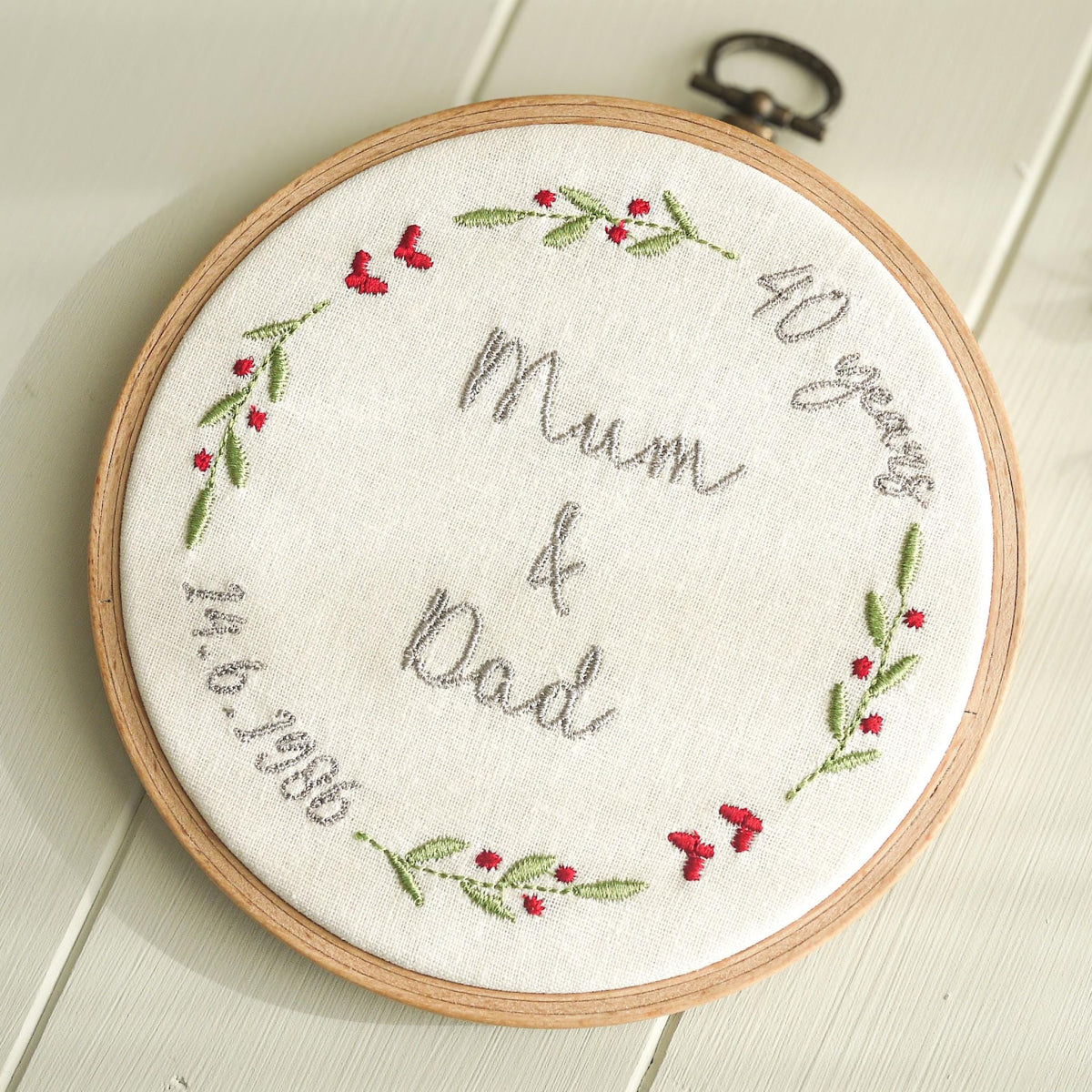 Ruby Wedding Anniversary Personalised Embroidered Hoop Decoration - 40 Years Married Names Date