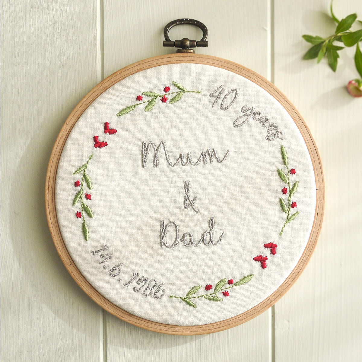 Ruby Wedding Anniversary Personalised Embroidered Hoop Decoration - 40 Years Married Names Date