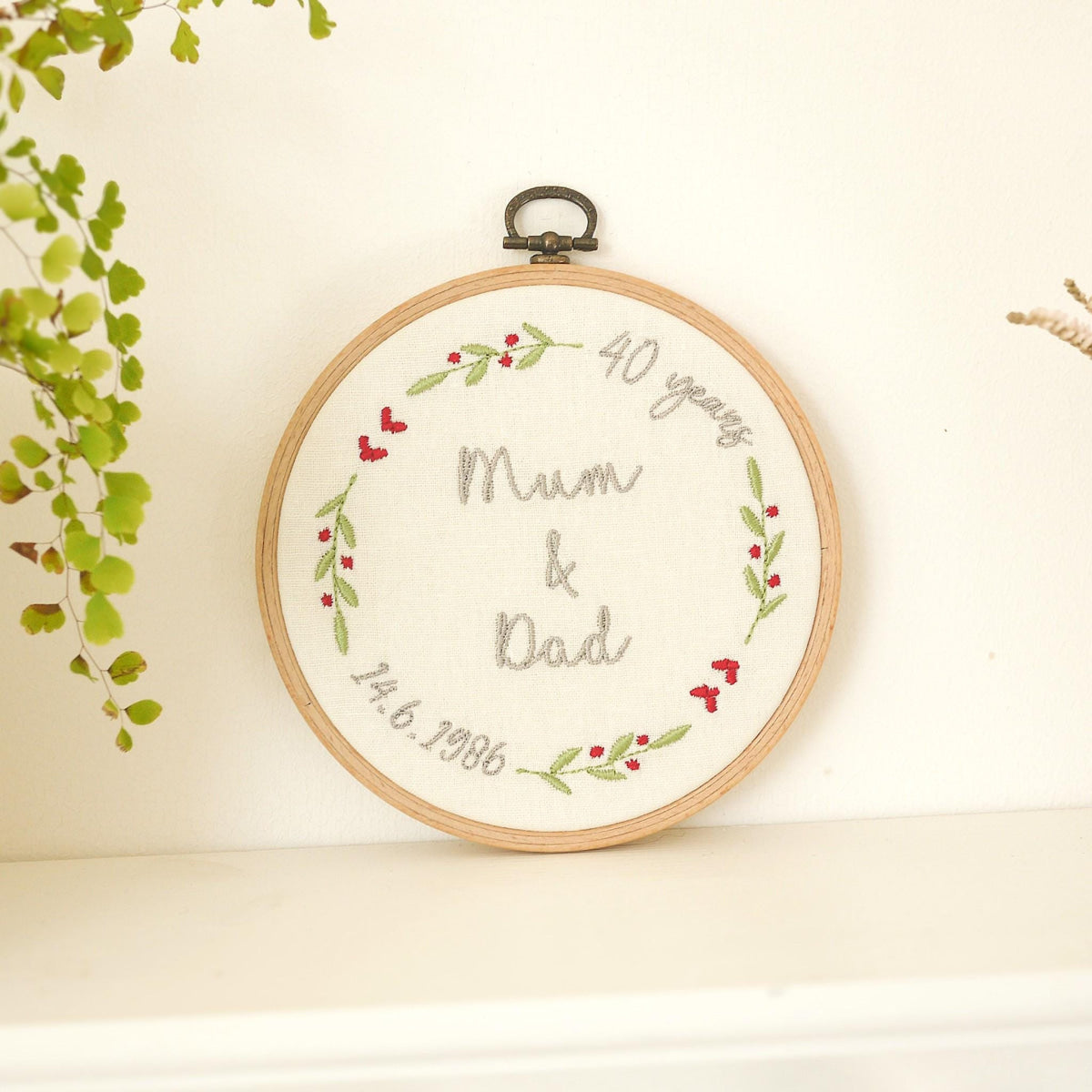 Ruby Wedding Anniversary Personalised Embroidered Hoop Decoration - 40 Years Married Names Date