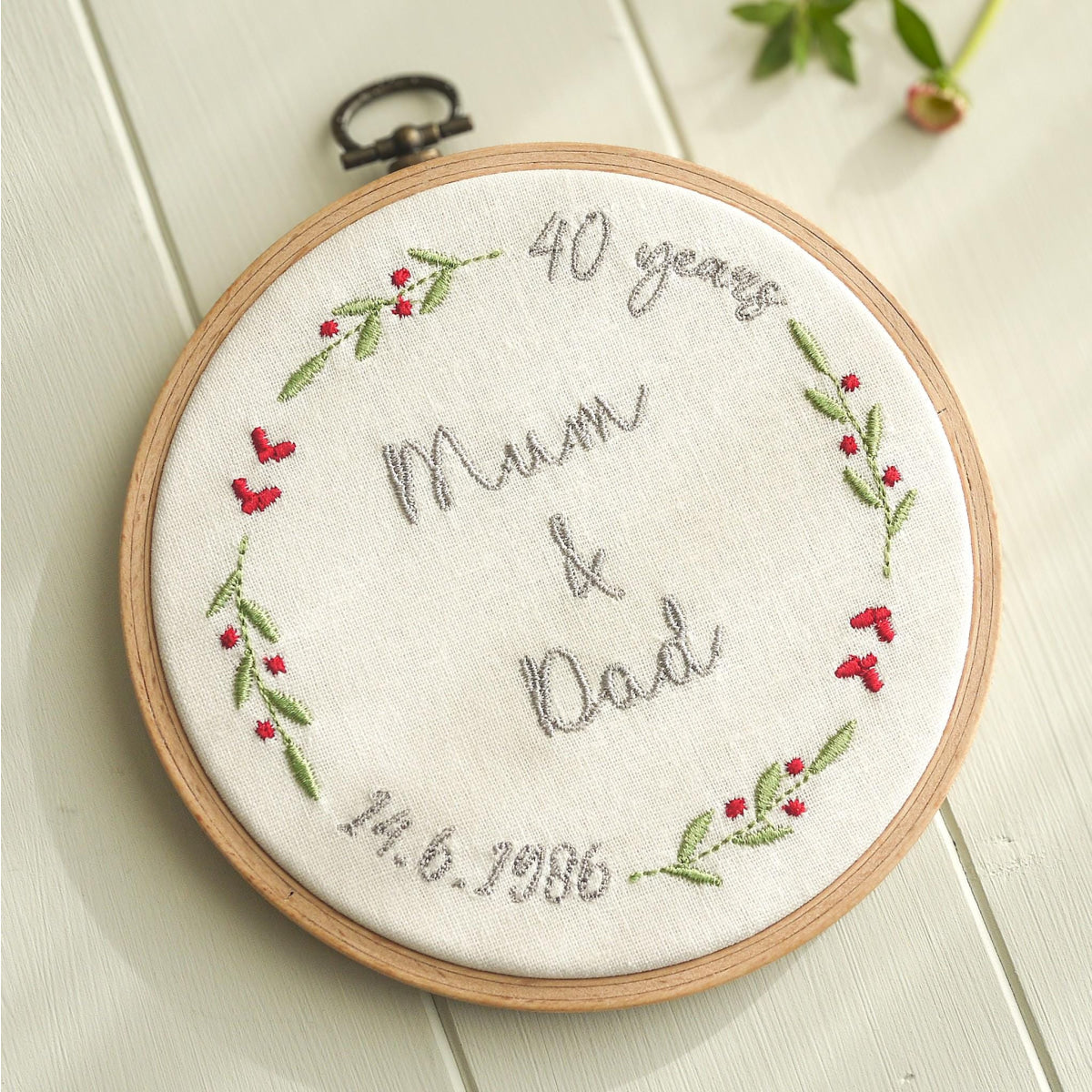 Ruby Wedding Anniversary Personalised Embroidered Hoop Decoration - 40 Years Married Names Date