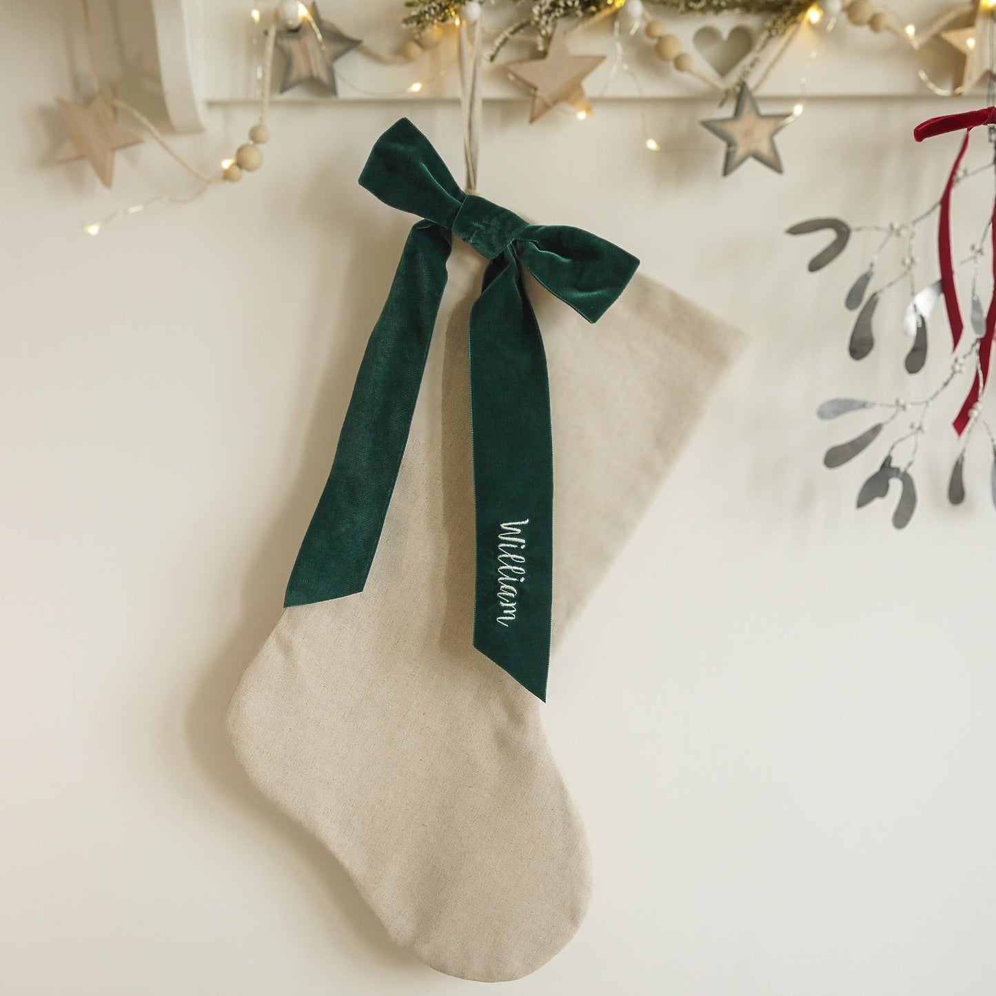 Velvet Ribbon Christmas Stocking - embroidered with name