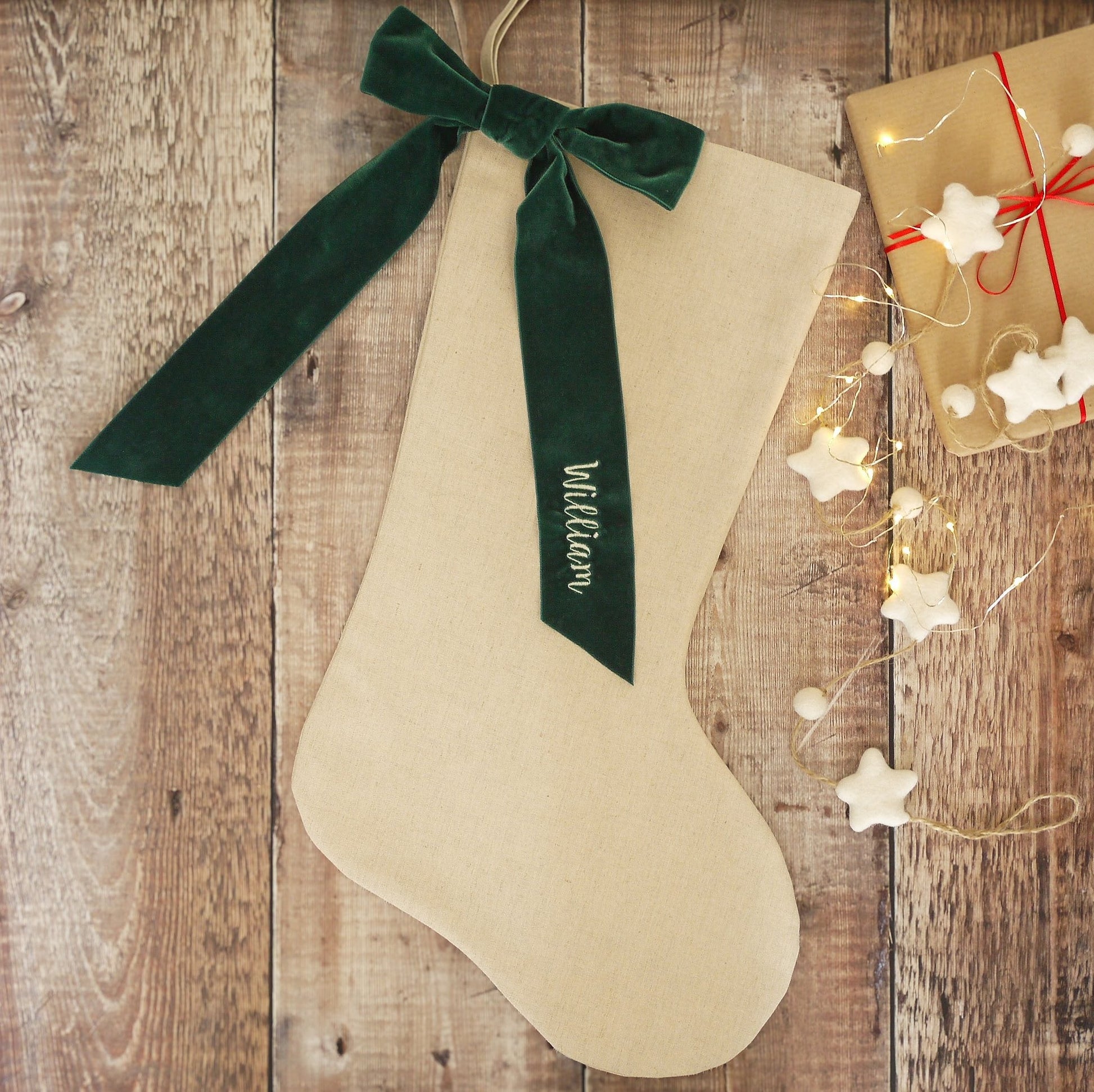 Velvet Ribbon Christmas Stocking - embroidered with name