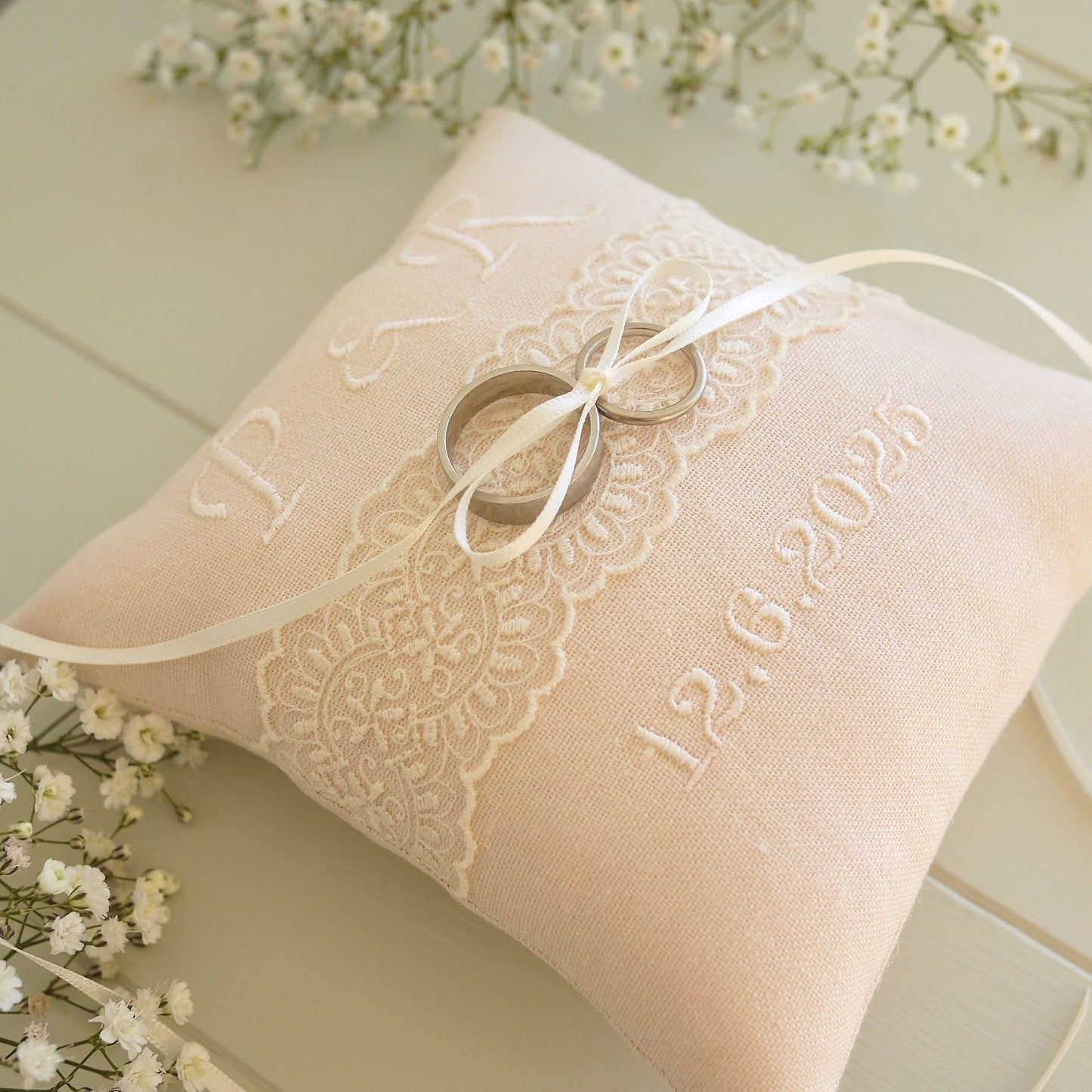 Wedding Ring Pillow in Pink with Embroidered Text