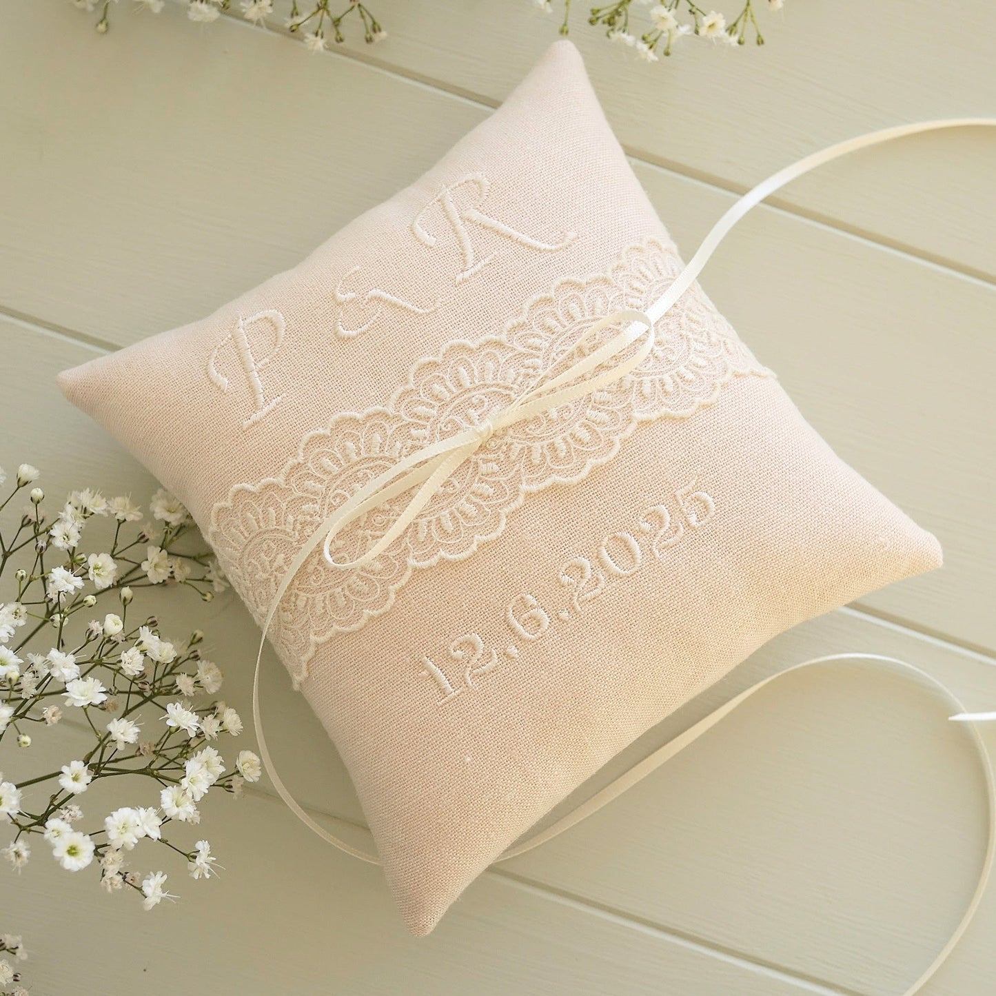 Wedding Ring Pillow in Pink with Embroidered Text