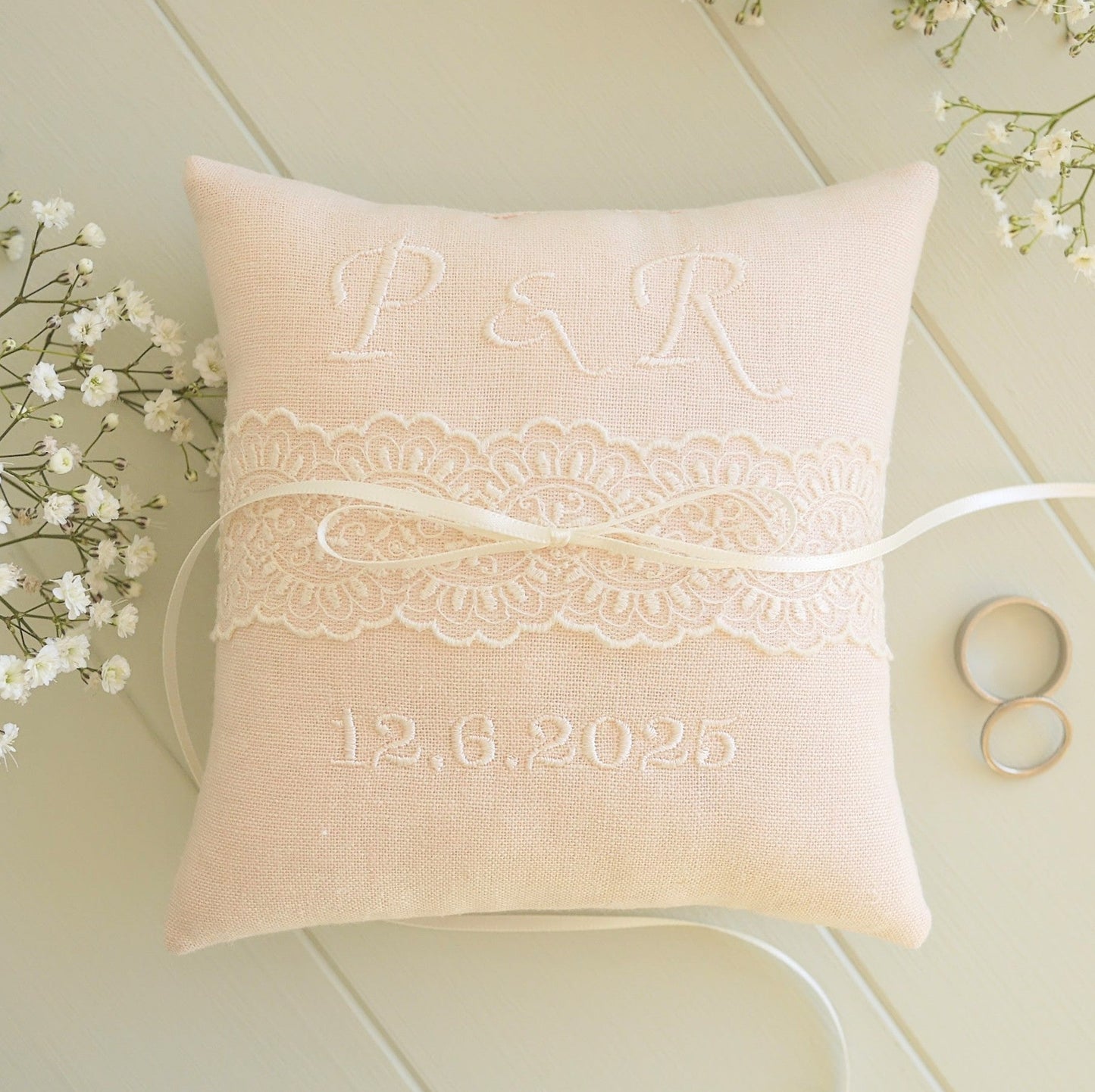 Wedding Ring Pillow in Pink with Embroidered Text