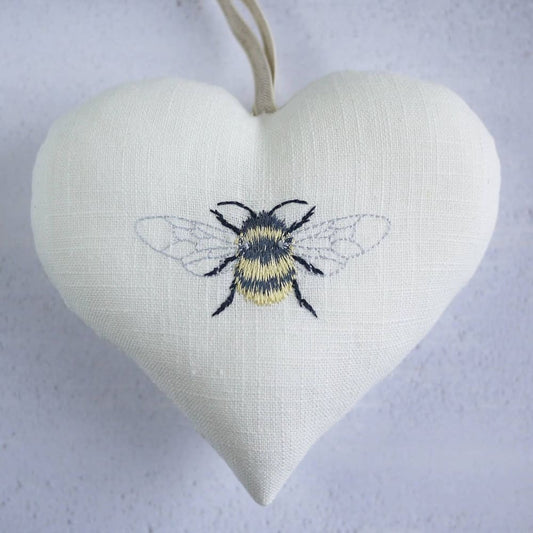 Linen Heart with Embroidered Bee Design