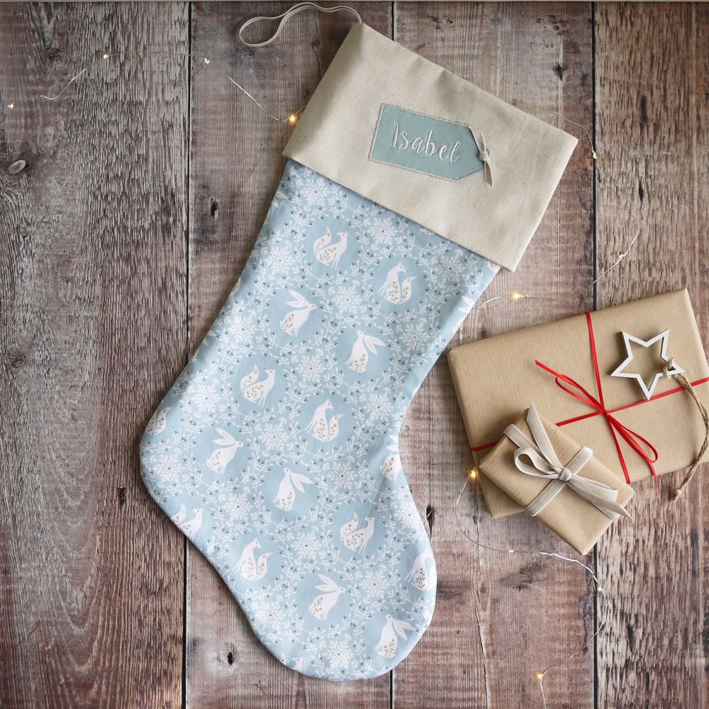 Fox and Hare Personalised Christmas Stocking In duck-egg blue