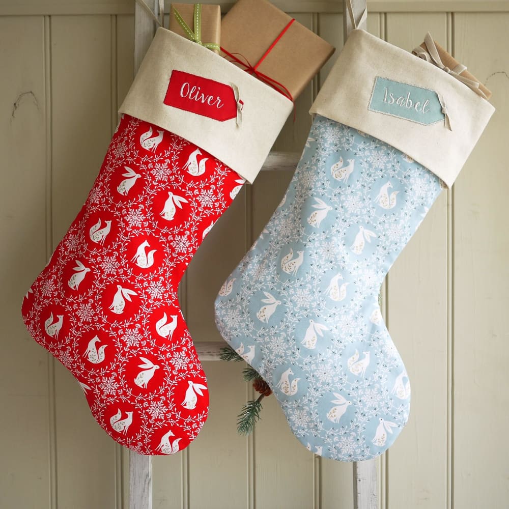 Fox and Hare Personalised Christmas Stocking In duck-egg blue