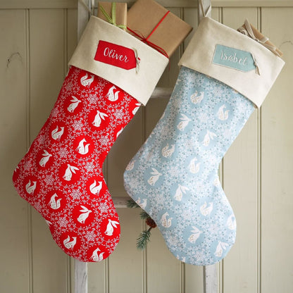 Fox and Hare Personalised Christmas Stocking In Festive Red