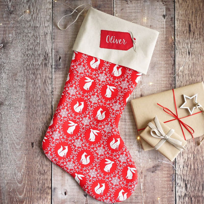 Personalised Christmas Stocking In Festive Red with Fox and Hare Design Personalised Christmas stockings and decorations