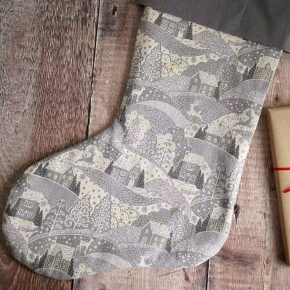 Personalised Christmas Scene Stocking in Grey Personalised Christmas stockings and decorations