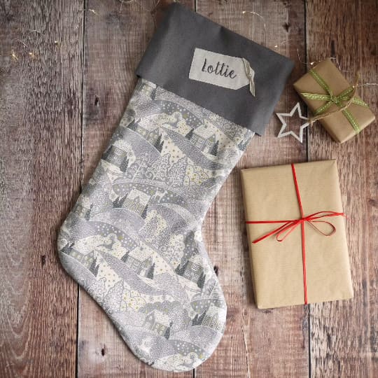 Personalised Christmas Scene Stocking in Grey Personalised Christmas stockings and decorations