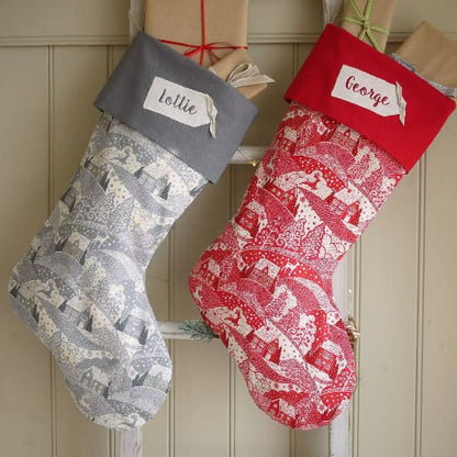 Personalised Christmas Scene Stocking in Grey Personalised Christmas stockings and decorations