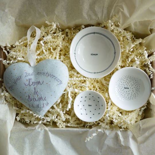 2nd Anniversary Embroidered Gift Heart with Trio Of Bowls