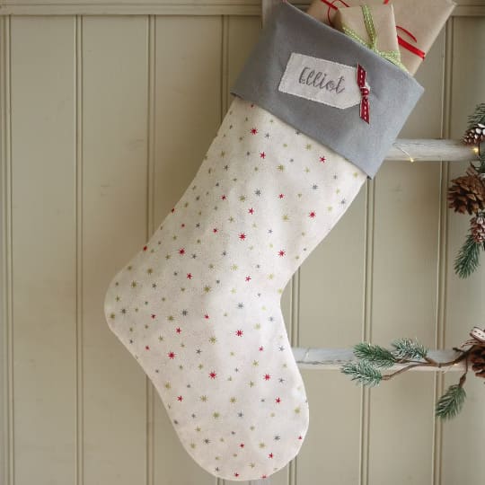 Personalised Cream Grey Christmas Stocking with stars Personalised Christmas stockings and decorations