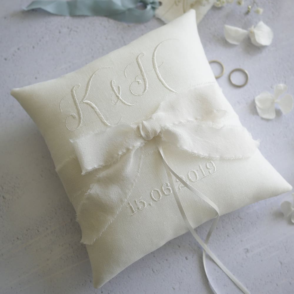 Personalised wedding ring pillow with silk ribbon and bow