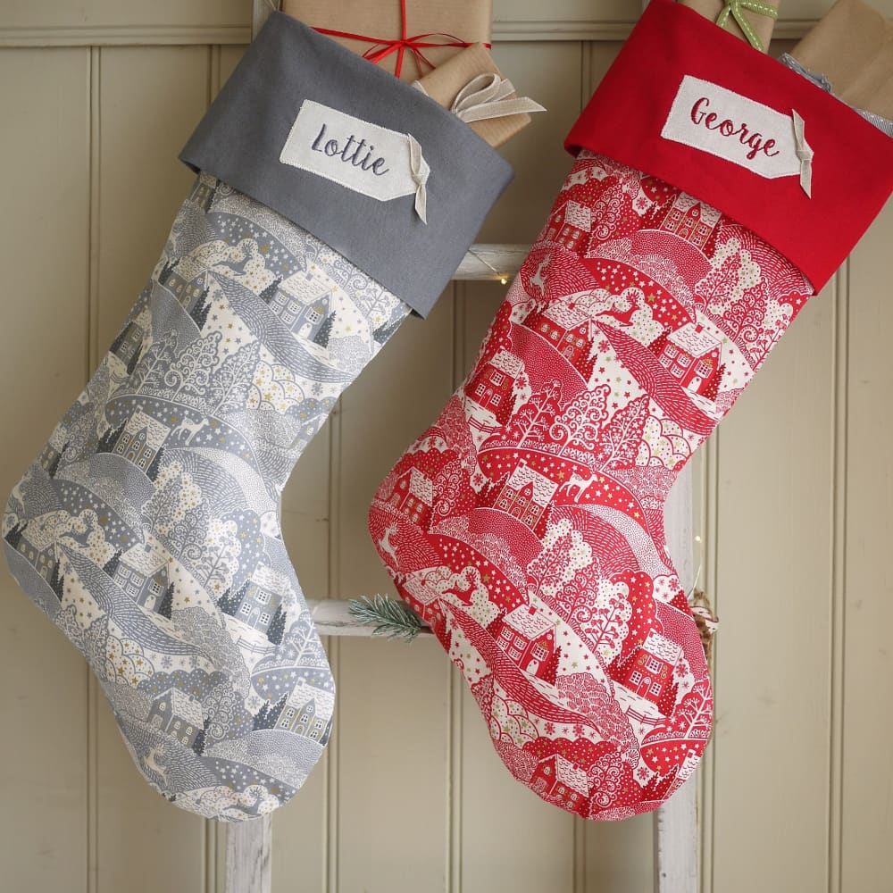 Personalised Red Christmas Scene Stocking Personalised Christmas stockings and decorations